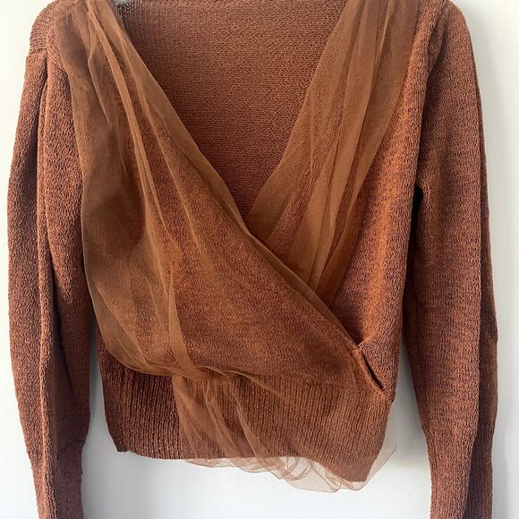 Chicwish Mesh Overlay Crop Knit Top in Carmel Sz L/XL - Picture 2 of 5
